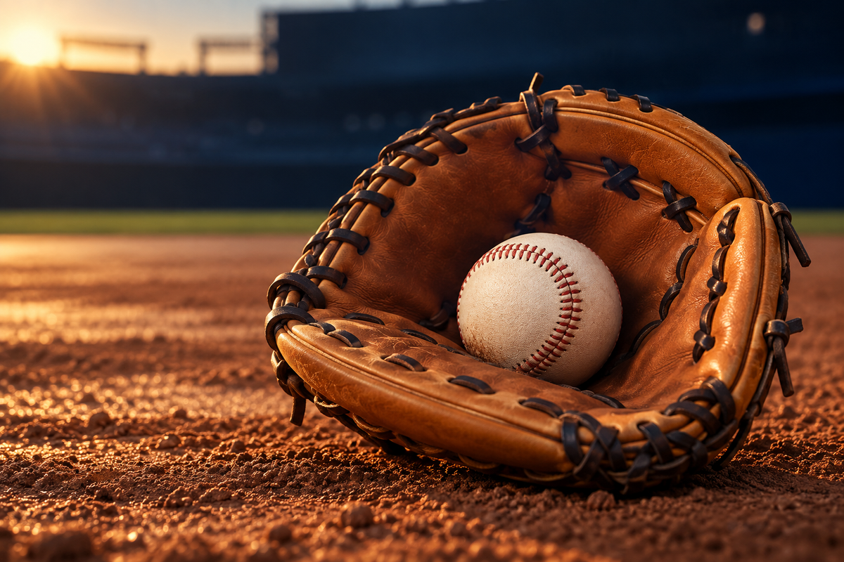 Baseball and tan leather glove on an infield at sunset